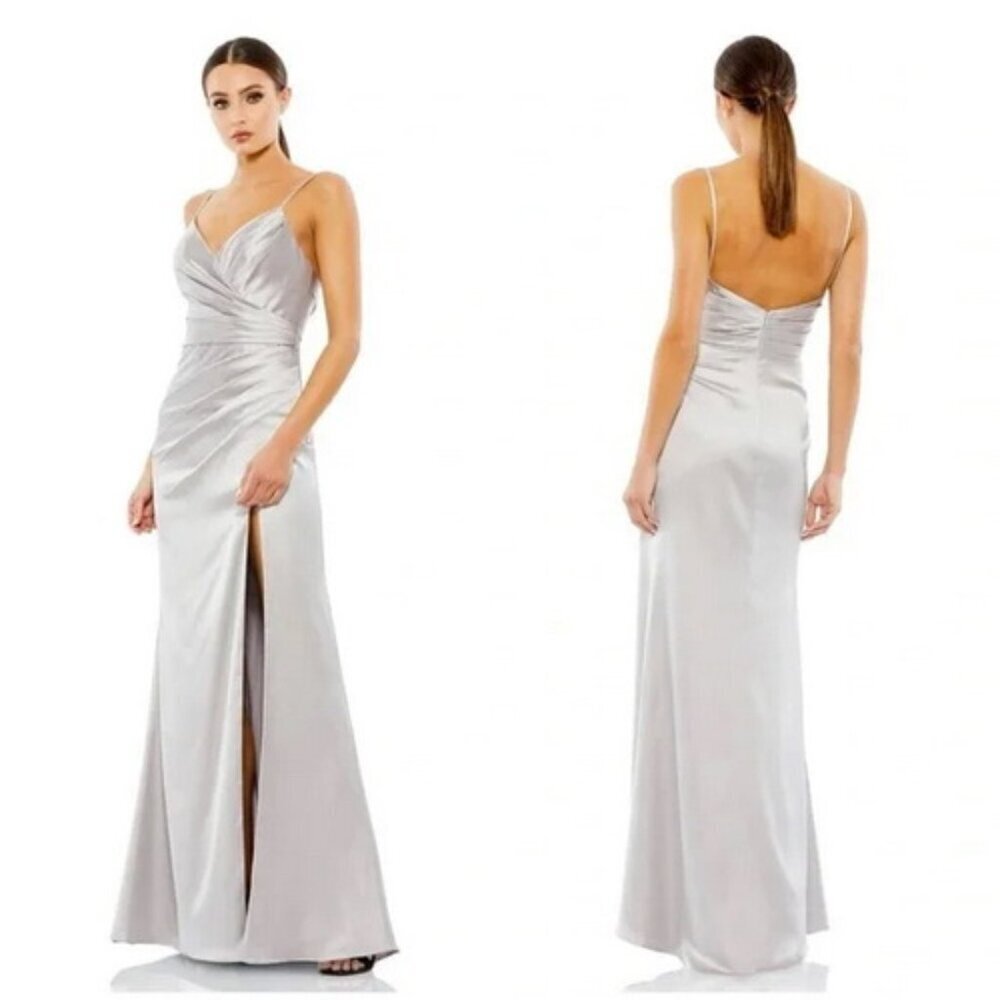 Mac Duggal Platinum Mac Duggal Satin Sleeveless Faux Wrap Ruched Gown